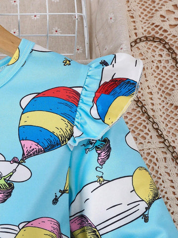 Young Girl' Cartoon Balloon Allover Print Cap Sleeve Round Neck Cinched Waist Long Sleeve Dress, For Spring & Autumn