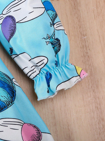 Young Girl' Cartoon Balloon Allover Print Cap Sleeve Round Neck Cinched Waist Long Sleeve Dress, For Spring & Autumn