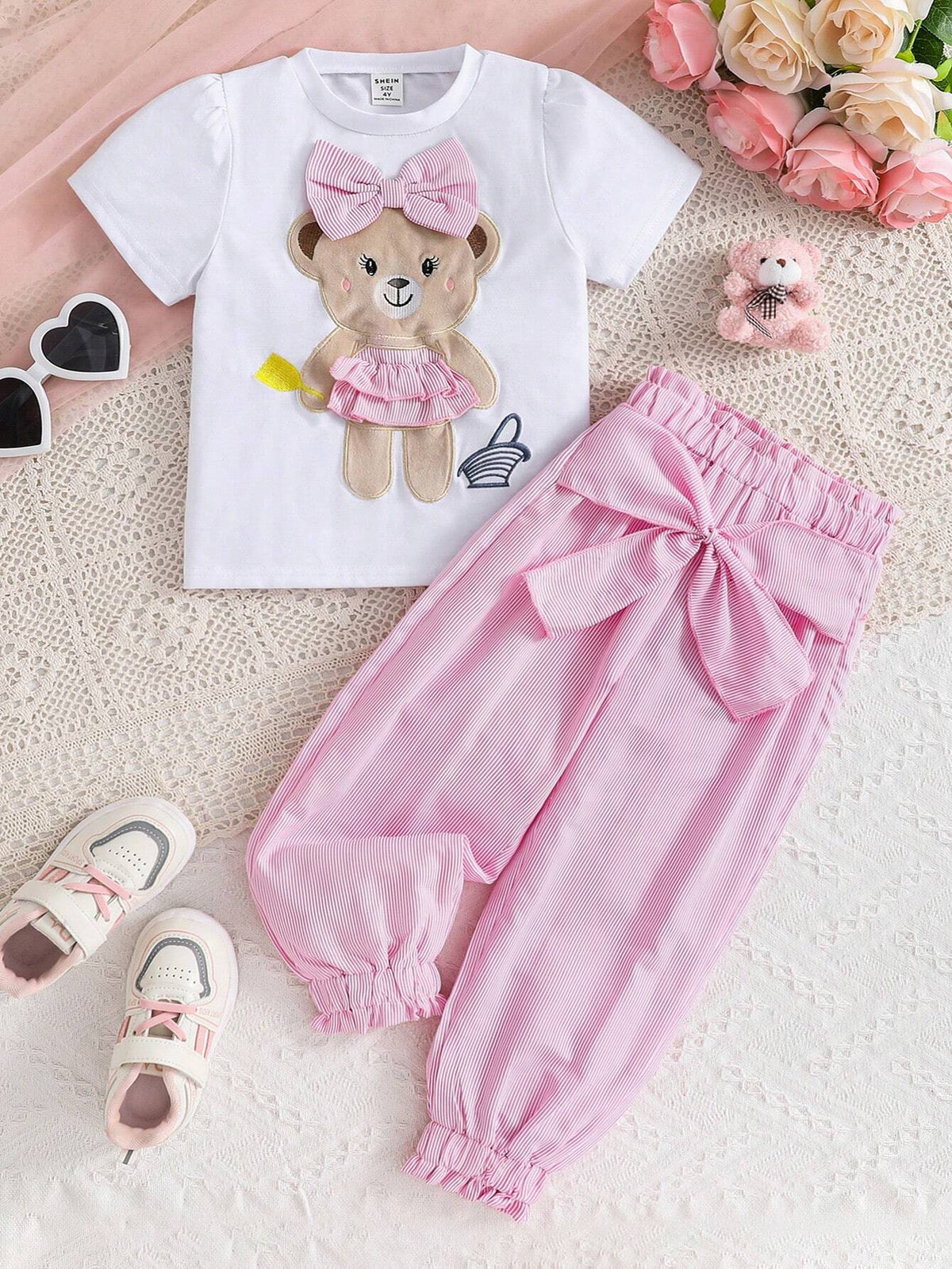 Young Girl Cartoon Bear Embroidered Round Neck Short Sleeve T-Shirt And Striped Jogger Pants Two Piece Set For Summer