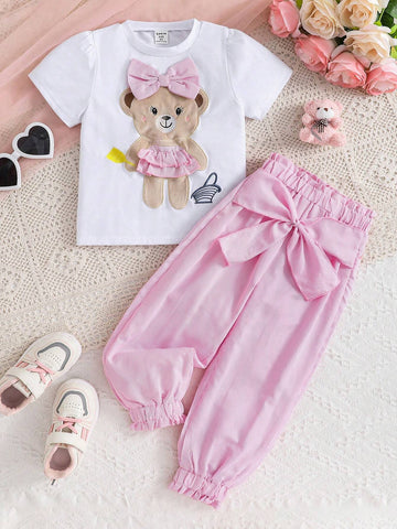 Young Girl Cartoon Bear Embroidered Round Neck Short Sleeve T-Shirt And Striped Jogger Pants Two Piece Set For Summer
