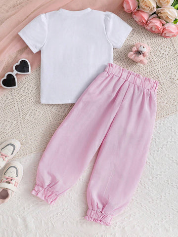Young Girl Cartoon Bear Embroidered Round Neck Short Sleeve T-Shirt And Striped Jogger Pants Two Piece Set For Summer