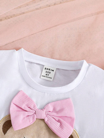 Young Girl Cartoon Bear Embroidered Round Neck Short Sleeve T-Shirt And Striped Jogger Pants Two Piece Set For Summer