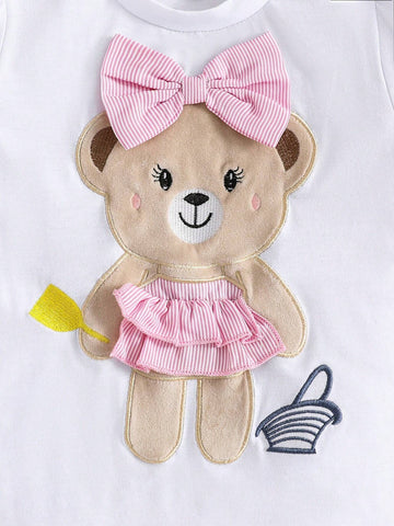 Young Girl Cartoon Bear Embroidered Round Neck Short Sleeve T-Shirt And Striped Jogger Pants Two Piece Set For Summer