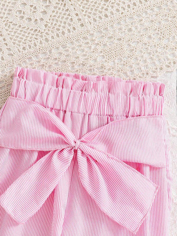 Young Girl Cartoon Bear Embroidered Round Neck Short Sleeve T-Shirt And Striped Jogger Pants Two Piece Set For Summer