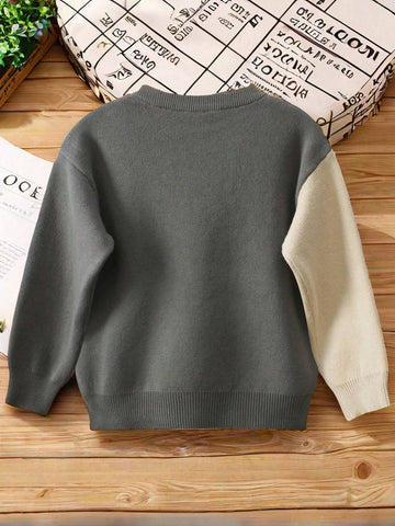 Young Girl Cartoon Cat Pattern Round Neck Long Sleeve Casual Sweater, Autumn/Winter