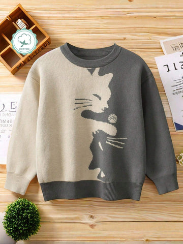 Young Girl Cartoon Cat Pattern Round Neck Long Sleeve Casual Sweater, Autumn/Winter