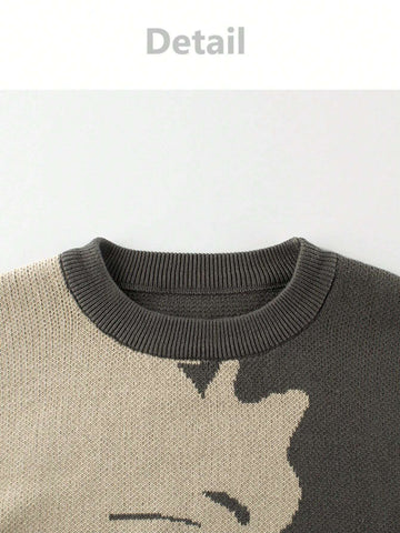 Young Girl Cartoon Cat Pattern Round Neck Long Sleeve Casual Sweater, Autumn/Winter