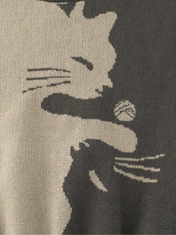 Young Girl Cartoon Cat Pattern Round Neck Long Sleeve Casual Sweater, Autumn/Winter