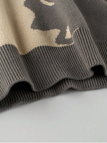 Young Girl Cartoon Cat Pattern Round Neck Long Sleeve Casual Sweater, Autumn/Winter