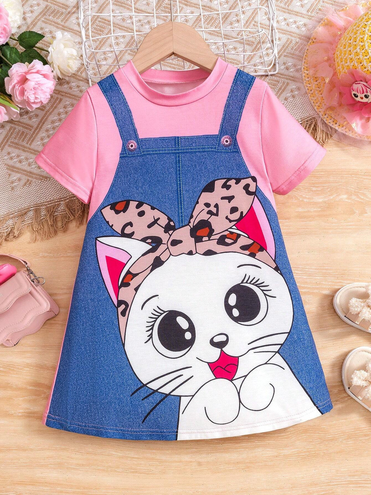Young Girl Cartoon Cat Print 3D Overalls Denim Dress Design Short Sleeve Dress For Summer
