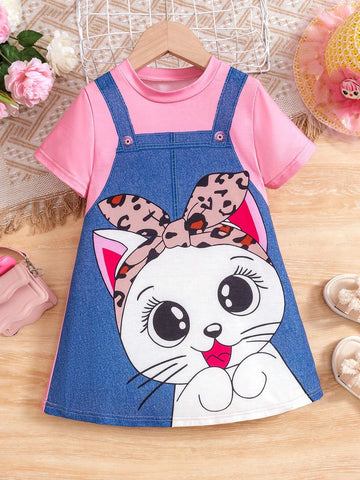 Young Girl Cartoon Cat Print 3D Overalls Denim Dress Design Short Sleeve Dress For Summer