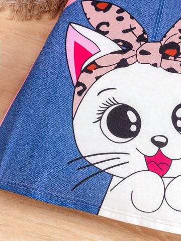 Young Girl Cartoon Cat Print 3D Overalls Denim Dress Design Short Sleeve Dress For Summer