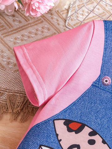 Young Girl Cartoon Cat Print 3D Overalls Denim Dress Design Short Sleeve Dress For Summer