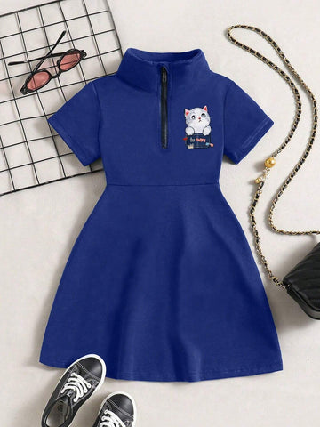 Young Girl Cartoon Cat Print Short Sleeve Casual Zipper Half-Placket Dress, Summer