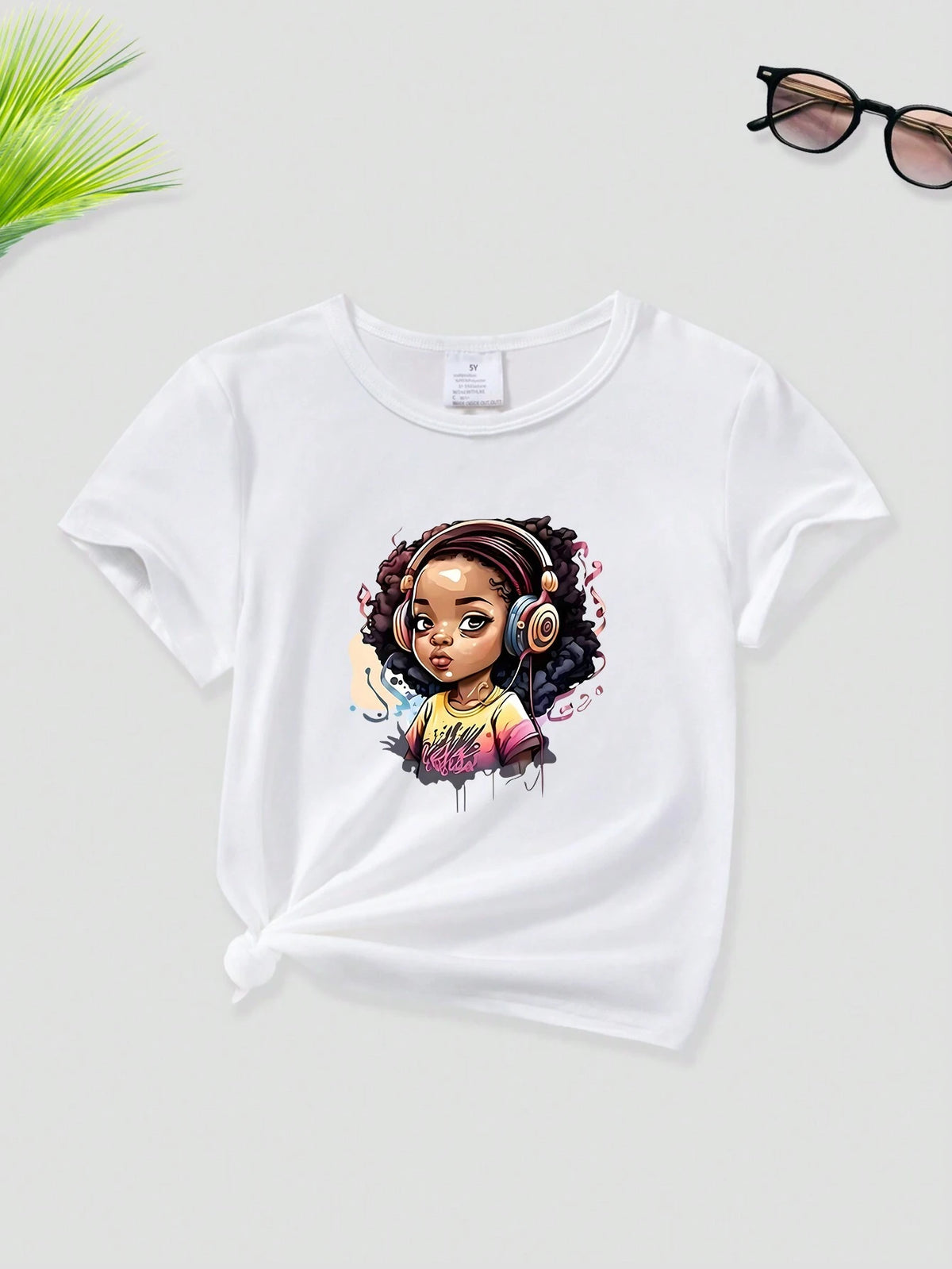 Young Girl Cartoon Character Printed Round Neck Short Sleeve T-Shirt, Summer