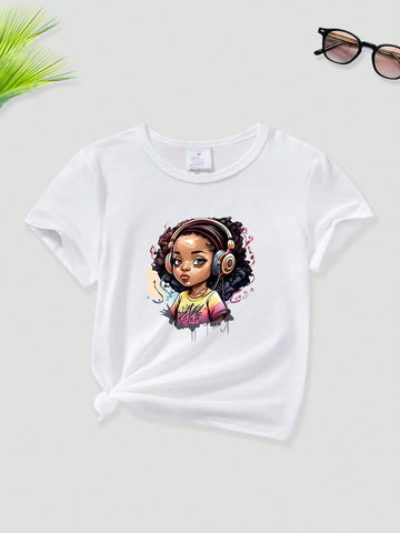 Young Girl Cartoon Character Printed Round Neck Short Sleeve T-Shirt, Summer