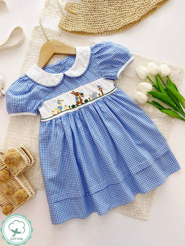 Young Girl Cartoon Embroidery Gingham Print Peter Pan Collar Puff Sleeve Dress For Summer