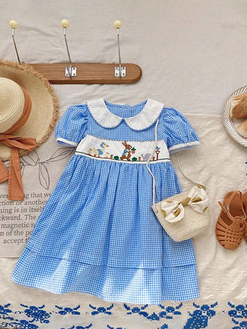 Young Girl Cartoon Embroidery Gingham Print Peter Pan Collar Puff Sleeve Dress For Summer