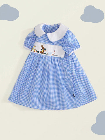 Young Girl Cartoon Embroidery Gingham Print Peter Pan Collar Puff Sleeve Dress For Summer