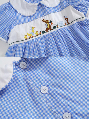 Young Girl Cartoon Embroidery Gingham Print Peter Pan Collar Puff Sleeve Dress For Summer