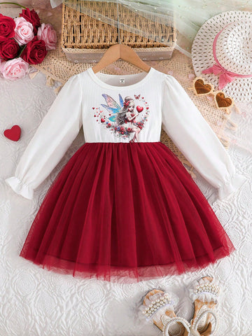 Young Girl' Cartoon Fantasy Princess Print Long Sleeve Fluffy Mesh Princess Dress, Lightweight For Spring/Autumn