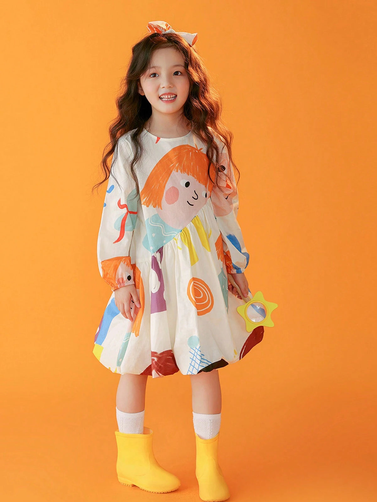 Young Girl Cartoon Graphic Ruffle Hem Dress