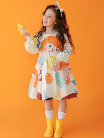 Young Girl Cartoon Graphic Ruffle Hem Dress