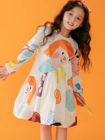 Young Girl Cartoon Graphic Ruffle Hem Dress