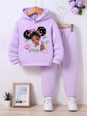 Young Girl Cartoon Pattern Hoodie And Sweatpants Set, Casual Warm Winter Outfit