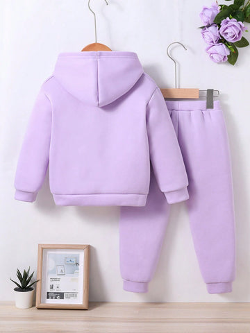 Young Girl Cartoon Pattern Hoodie And Sweatpants Set, Casual Warm Winter Outfit
