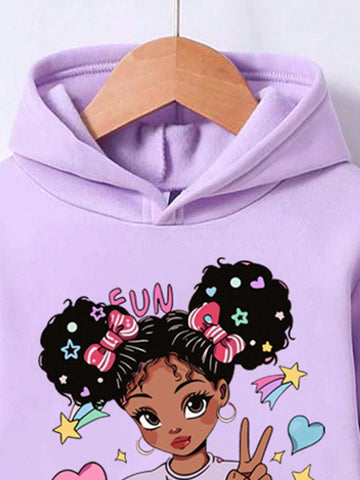 Young Girl Cartoon Pattern Hoodie And Sweatpants Set, Casual Warm Winter Outfit