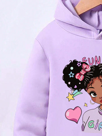 Young Girl Cartoon Pattern Hoodie And Sweatpants Set, Casual Warm Winter Outfit