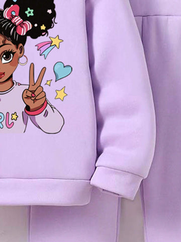 Young Girl Cartoon Pattern Hoodie And Sweatpants Set, Casual Warm Winter Outfit