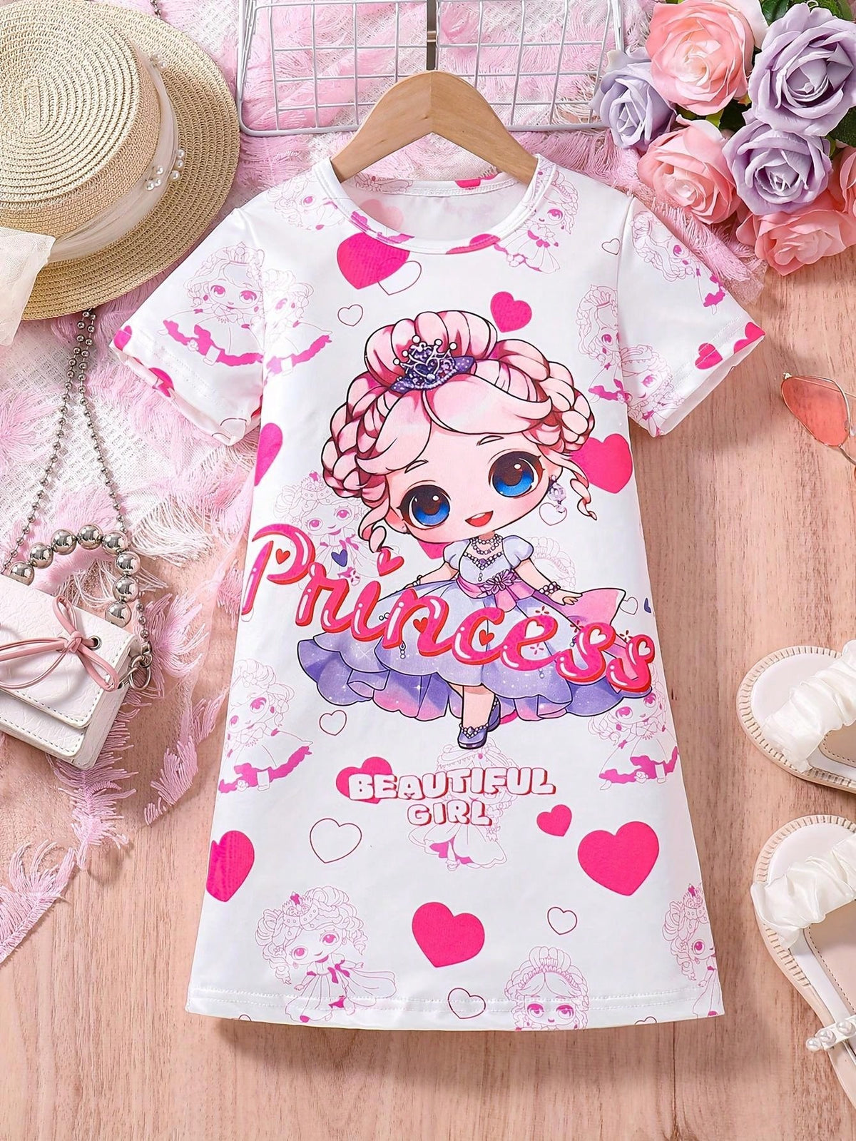 Young Girl Cartoon Portrait & Heart Printed Short Sleeve Dress For Summer
