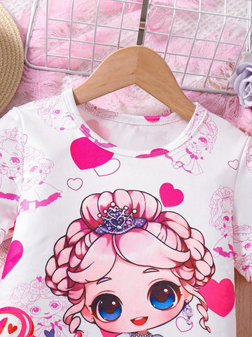 Young Girl Cartoon Portrait & Heart Printed Short Sleeve Dress For Summer