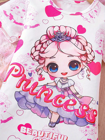 Young Girl Cartoon Portrait & Heart Printed Short Sleeve Dress For Summer