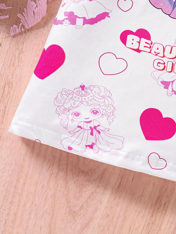 Young Girl Cartoon Portrait & Heart Printed Short Sleeve Dress For Summer