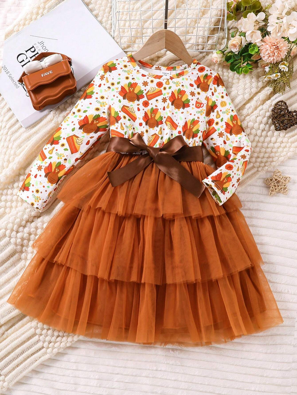 Young Girl Cartoon Print Long Sleeve Dress, Princess Style Cake Tulle Dress, Spring Autumn Suitable For Birthday Party And Occasion
