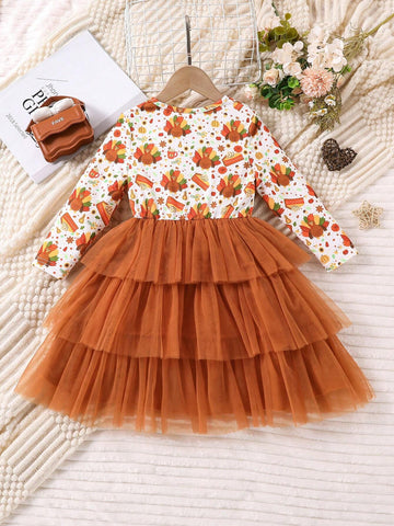 Young Girl Cartoon Print Long Sleeve Dress, Princess Style Cake Tulle Dress, Spring Autumn Suitable For Birthday Party And Occasion