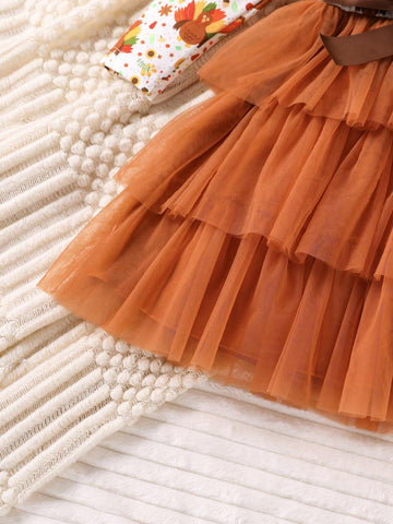 Young Girl Cartoon Print Long Sleeve Dress, Princess Style Cake Tulle Dress, Spring Autumn Suitable For Birthday Party And Occasion