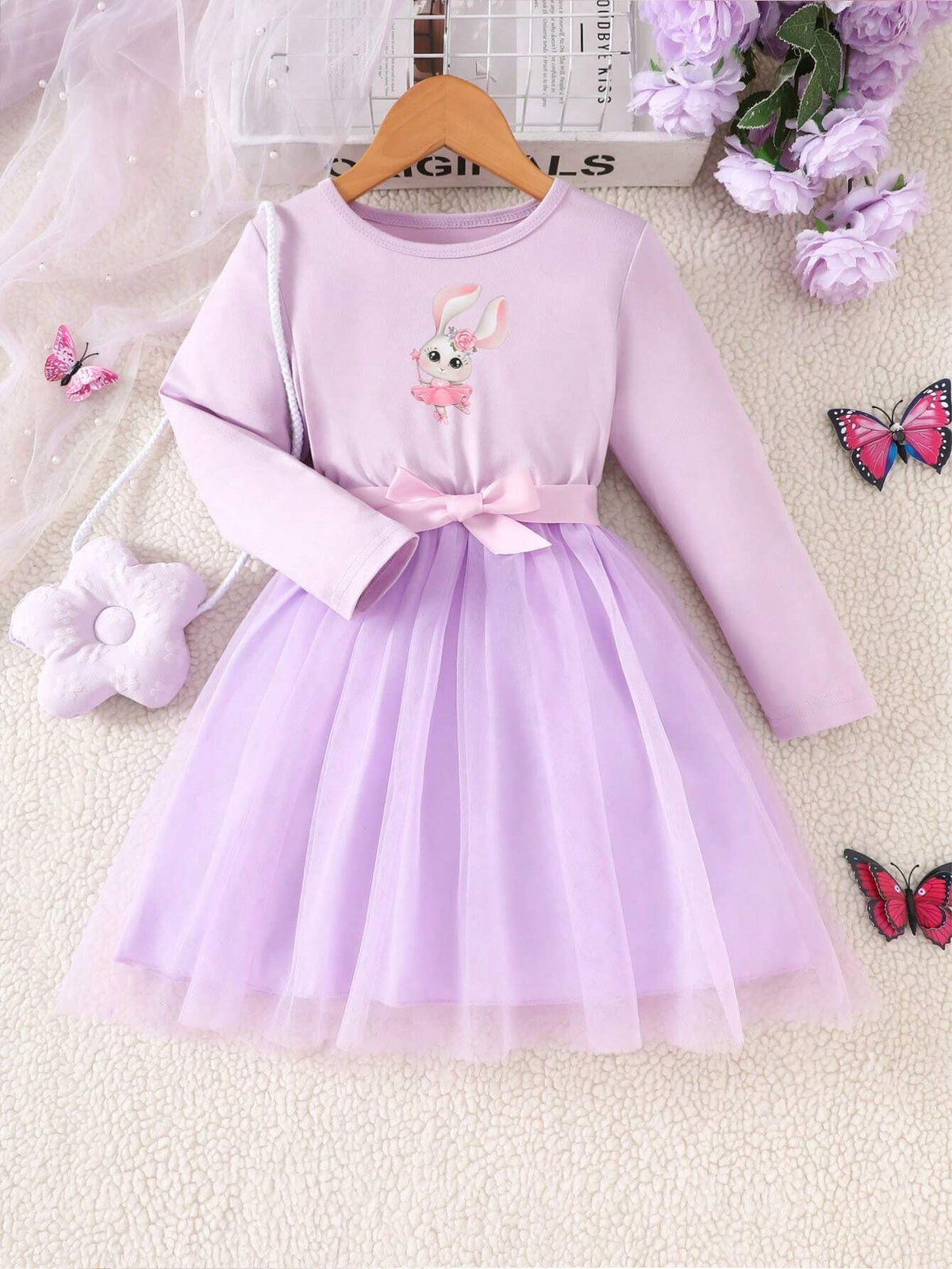Young Girl Cartoon Print Round Neck Belted Mesh Patchwork Long Sleeve Dress