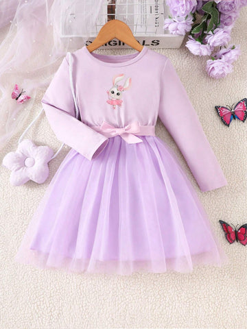 Young Girl Cartoon Print Round Neck Belted Mesh Patchwork Long Sleeve Dress