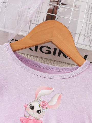 Young Girl Cartoon Print Round Neck Belted Mesh Patchwork Long Sleeve Dress