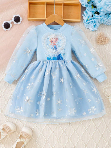 Young Girl Cartoon Print Round Neck Mesh Patchwork Long Sleeve Dress
