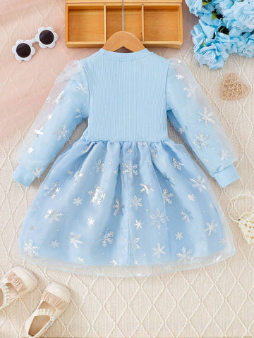 Young Girl Cartoon Print Round Neck Mesh Patchwork Long Sleeve Dress