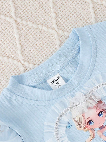 Young Girl Cartoon Print Round Neck Mesh Patchwork Long Sleeve Dress