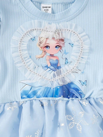 Young Girl Cartoon Print Round Neck Mesh Patchwork Long Sleeve Dress