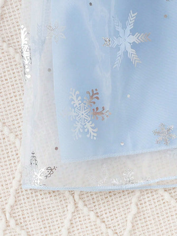 Young Girl Cartoon Print Round Neck Mesh Patchwork Long Sleeve Dress