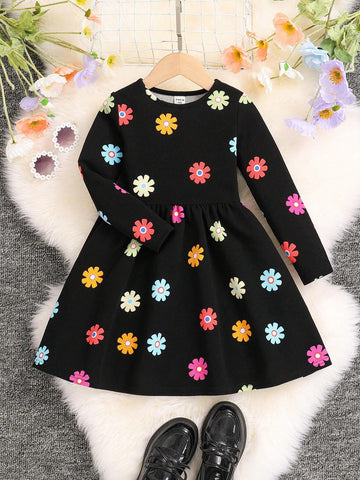 Young Girl Casual 1pc Cute Colorful Floral/Flower Pattern Knitted Dress,Autumn And Winter,Great For Casual & Daily Wear & School Daily