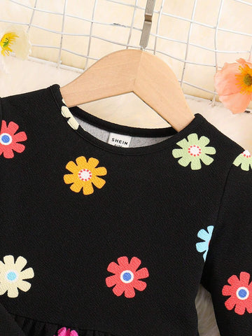 Young Girl Casual 1pc Cute Colorful Floral/Flower Pattern Knitted Dress,Autumn And Winter,Great For Casual & Daily Wear & School Daily